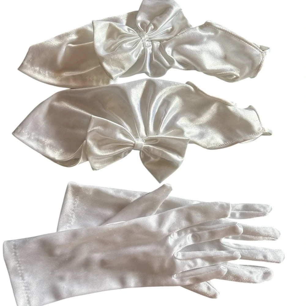 Vintage 2 Pairs White Satin Gloves with Ruching and Bows Set